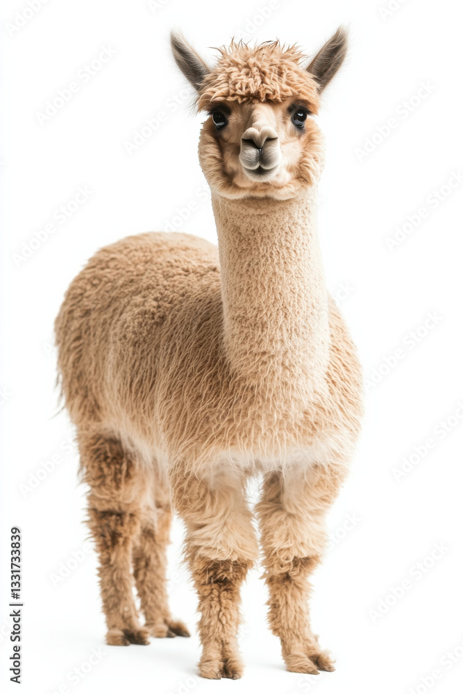 Obraz premium Alpaca with a fluffy coat on a white background, showing quirky charm