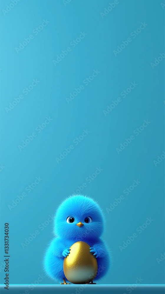 Cute blue bird character holding an egg against a solid turquoise background in a playful and cheerful setting Cute blue bird character holding an egg against a solid turquoise background in a playful and cheerful setting
