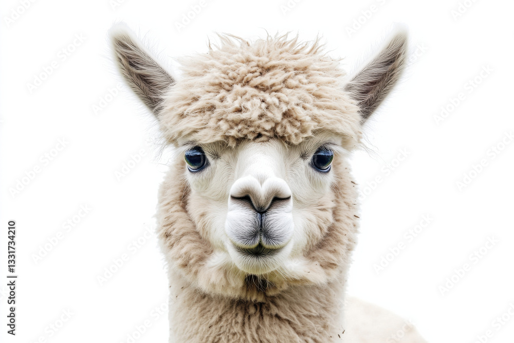 Obraz premium Alpaca with a fluffy coat on a white background, showing quirky charm