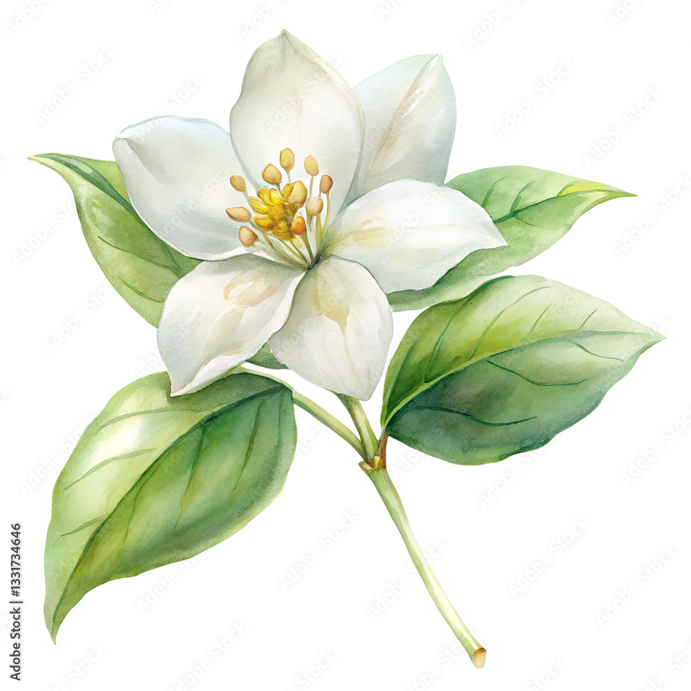Fototapeta premium Soft watercolor depiction of a jasmine flower on a white background.