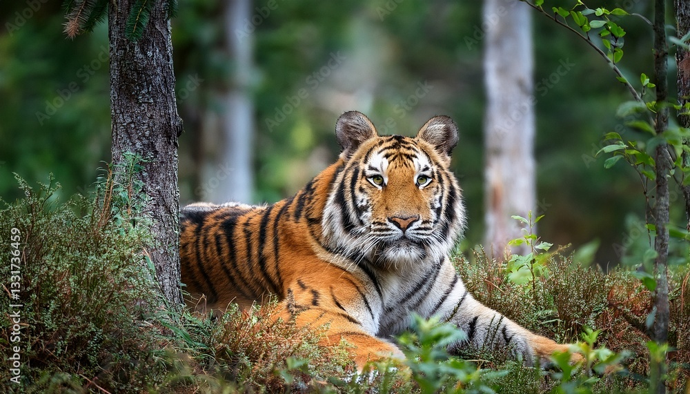 Obraz premium A powerful Siberian tiger with golden-orange fur and black stripes crouches low in dense forest underbrush, ready to pounce. 