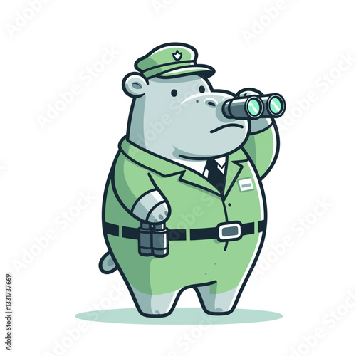 Observant hippo park ranger with binoculars in green uniform. Vector illustration for wildlife conservation, nature surveillance and environmental protection.