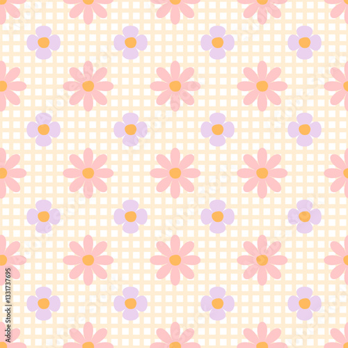 Seamless summer cute yellow checkered background with pink and lilac flowers universal background. For textile design, wallpaper, holiday wrapping paper, store advertising, kitchen fabric. Vector art