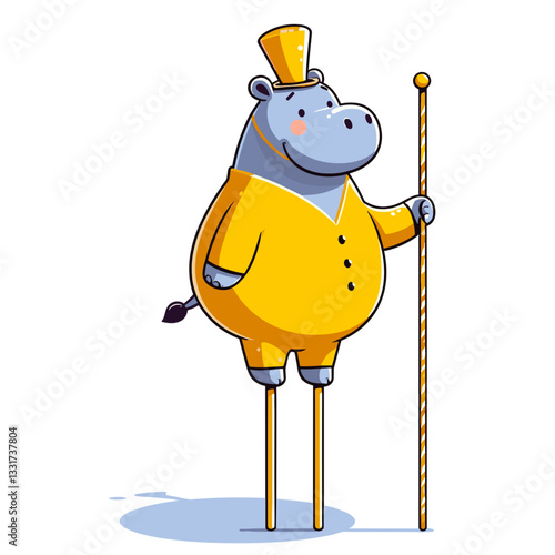 Cheerful hippo performer on stilts in bright yellow costume. Vector illustration for circus entertainment, street performances and carnival attraction concepts.