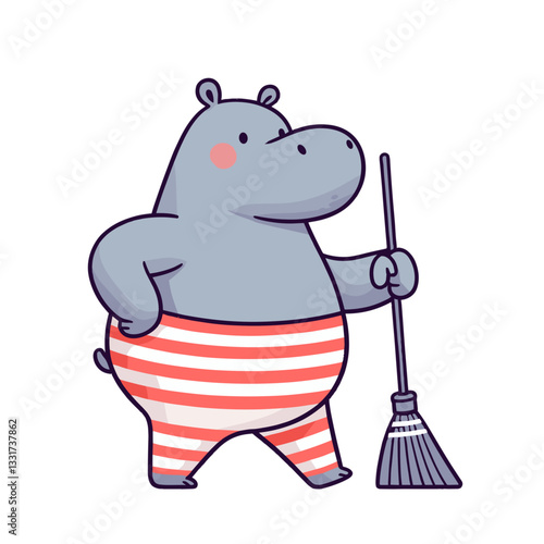 Domestic hippo housekeeper with broom in striped shorts. Vector illustration for cleaning services, home maintenance and housekeeping routine concepts.