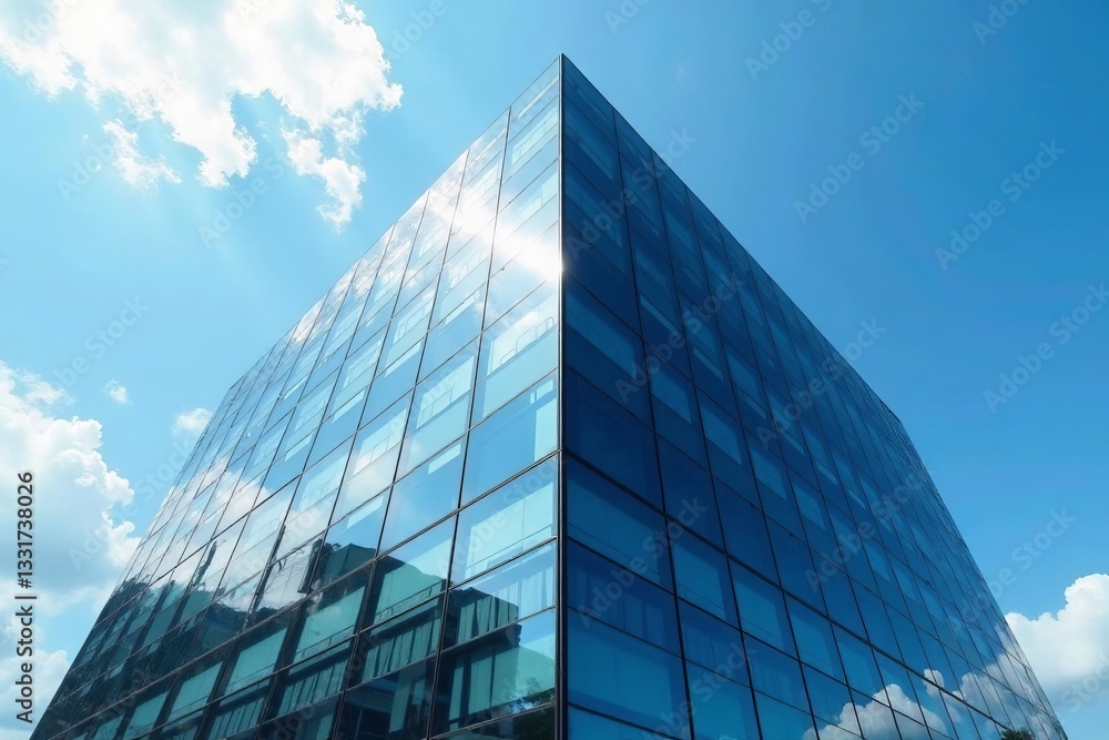 Modern glass office building reflecting blue sky, urban architecture, business district, urban, glass Modern glass office building reflecting blue sky, urban architecture, business district, urban, glass