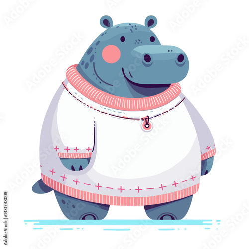 Cute hippo sailor in white sweater with pink collar. Vector illustration for nautical fashion, maritime style and coastal lifestyle concepts.