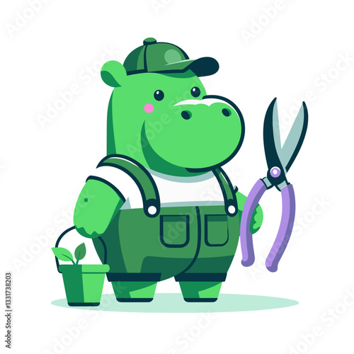 Professional hippo gardener with pruning shears and green overalls. Vector illustration for landscaping services, plant maintenance and garden design concepts.