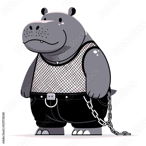 Tough hippo bouncer in mesh tank top with chain and black pants. Vector illustration for security services, nightclub staff and entertainment venue concepts.