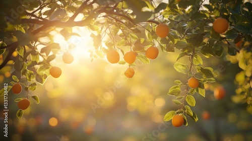 Sunset illuminates ripe oranges hanging from a tree branch.