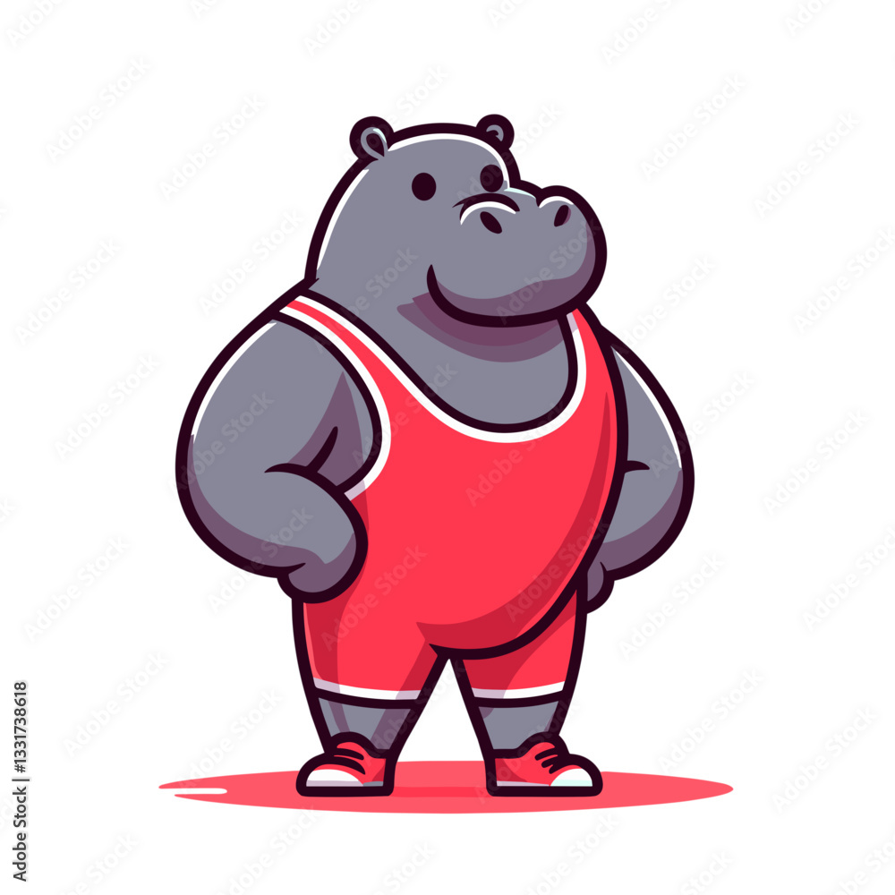 Naklejka premium Athletic hippo basketball player in red uniform tank top. Vector illustration for sports teams, physical fitness and competitive tournament concepts.
