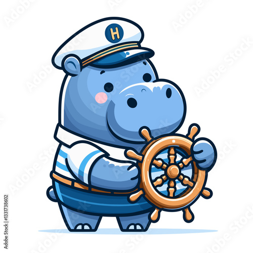 Sea captain hippo in blue and white uniform steering ship wheel. Vector illustration for maritime leadership, nautical careers and ocean navigation concepts.