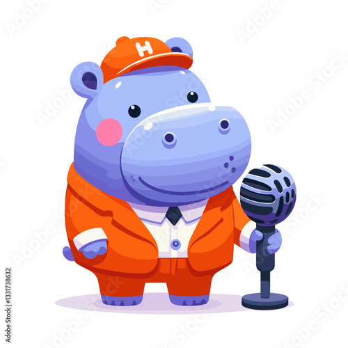 Enthusiastic hippo sports announcer in orange blazer with microphone. Vector illustration for broadcasting careers, sports commentary and live event coverage concepts.