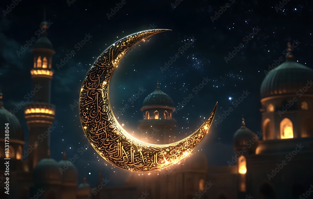 Fototapeta premium Glowing Crescent Moon Above Silhouetted Domes and Minarets Against Starry Night