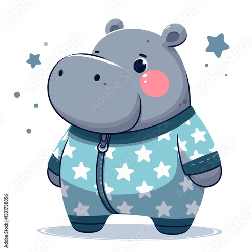 Adorable hippo toddler in teal star-patterned pajamas. Vector illustration for children's clothing, bedtime routines and cute sleepwear design concepts.