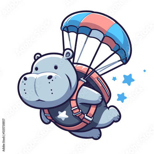 Adventurous hippo skydiver with colorful parachute in blue jumpsuit. Vector illustration for extreme sports, outdoor adventures and adrenaline activities.