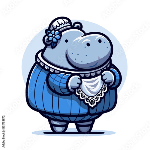 Elegant hippo grandmother in blue dress with lace collar and pearls. Vector illustration for senior fashion, generational wisdom and elderly character concepts.