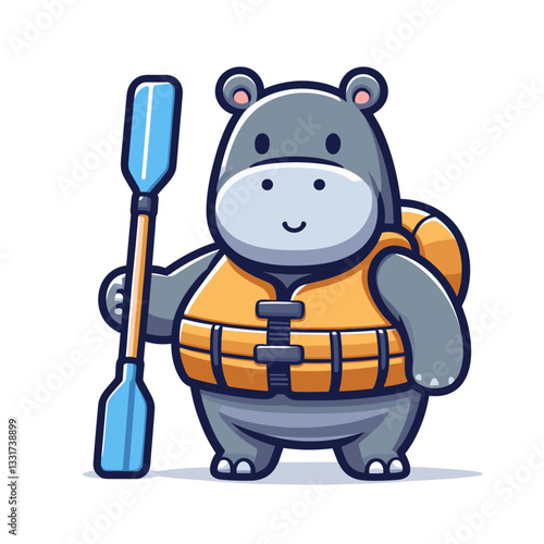 Sporty hippo river guide with paddle and orange life vest. Vector illustration for water adventures, rafting expeditions and outdoor recreation activities.