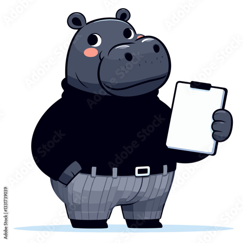 Professional hippo security guard with clipboard in black uniform. Vector illustration for safety services, venue protection and event management concepts.