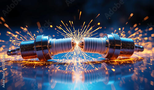 Two spark plugs facing each other, generating a brilliant burst of sparks. The intense light and metallic textures create a powerful visual. 