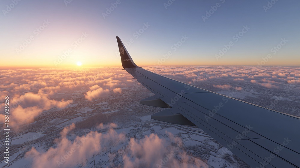 A plane wing soars over a vast cloud covered landscape A plane wing soars over a vast cloud covered landscape