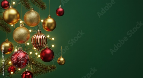 Christmas ornaments, gold and red, adorn a green backdrop.