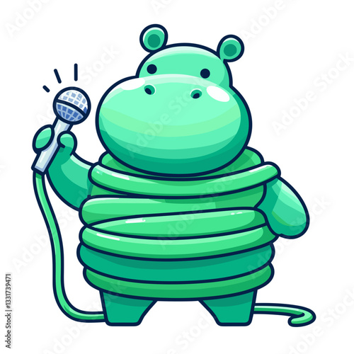Musical hippo performer in green outfit with microphone and cord. Vector illustration for entertainment shows, karaoke contests and singing performance concepts.
