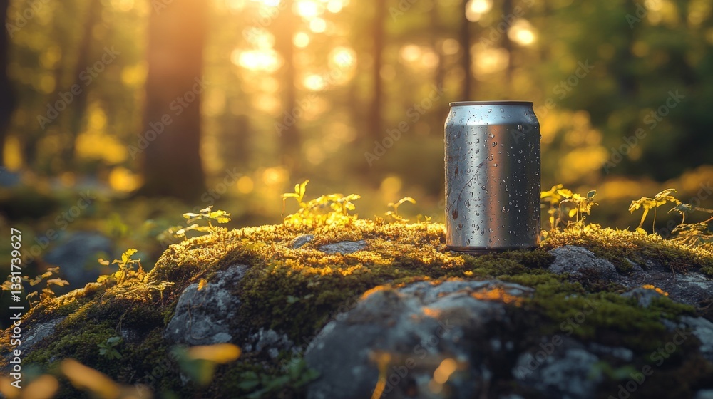 Obraz premium A metal can covered in water droplets sits on a mossy rock surrounded by greenery. Sunlight filters through the trees, creating a warm glow in the early evening.