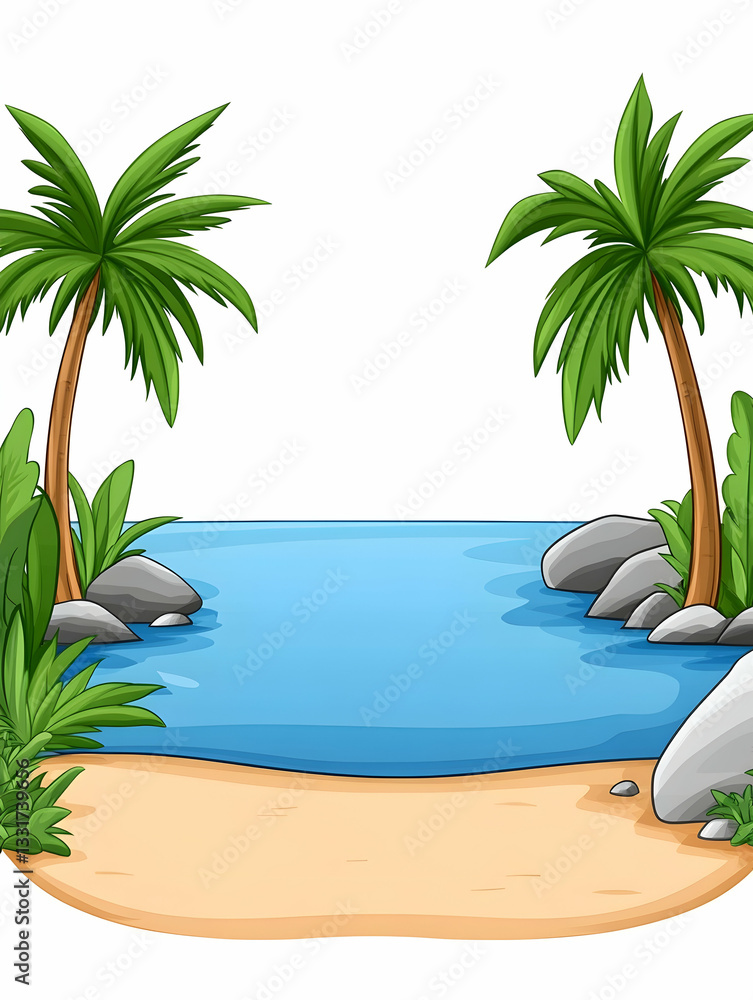 Obraz premium Tropical beach scene with palm trees and a calm body of water