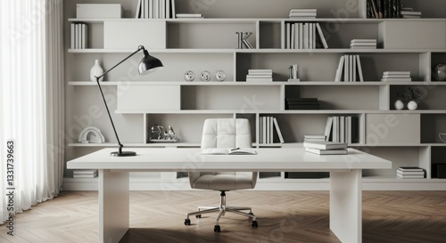Modern workspace with white desk and shelves.