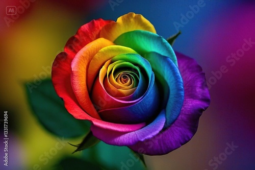 Image of a rose with petals colored in a rainbow gradient, showcasing the unique and striking appear...