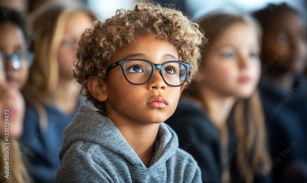 Portrait of a Thoughtful Young Boy with Glasses in a Classroom Setting Portrait of a Thoughtful Young Boy with Glasses in a Classroom Setting