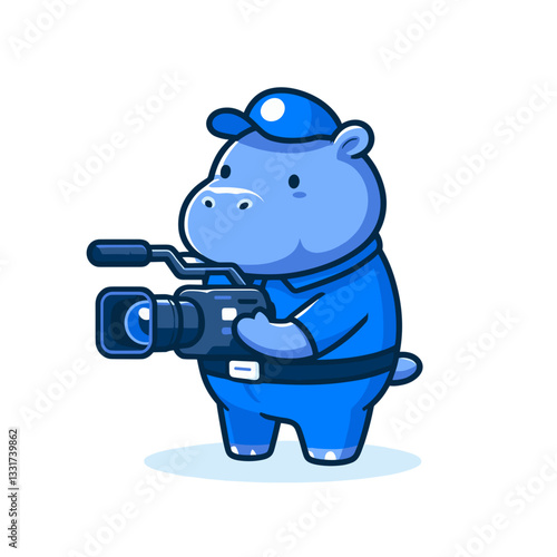 Professional hippo cameraman in blue uniform with video camera. Vector illustration for media production, documentary filming and event coverage concepts.