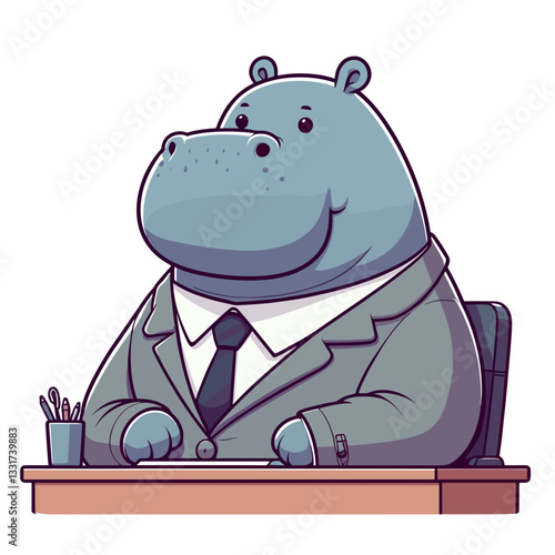 Executive hippo manager at desk in gray business suit with tie. Vector illustration for corporate leadership, office administration and professional management concepts.