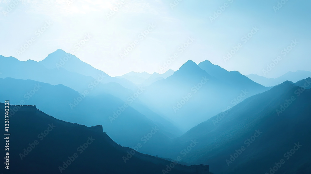 Naklejka premium Great Wall of China with a misty mountain backdrop, bright blue background