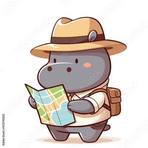 Adventurous hippo explorer with map and safari hat. Vector illustration for travel guides, wilderness expeditions and discovery journey concepts.