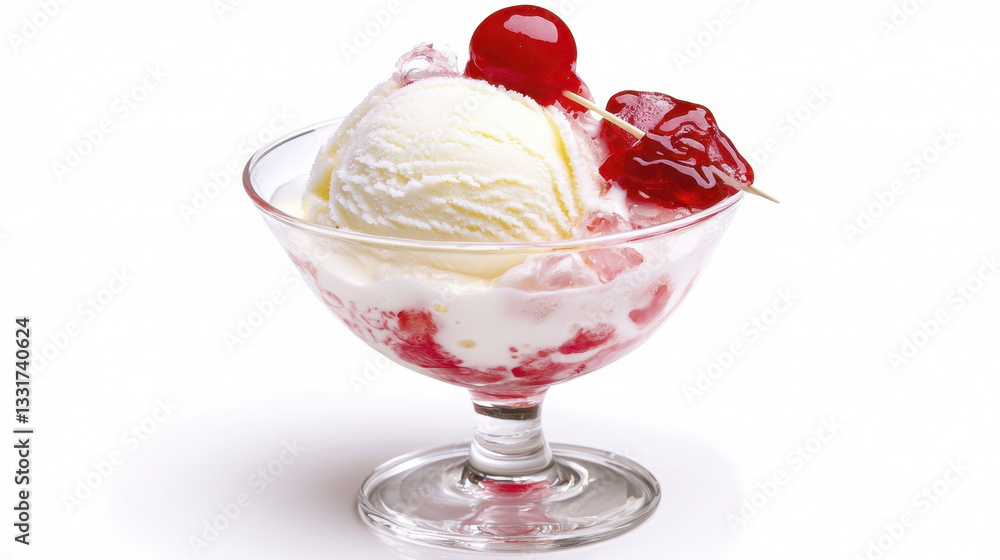 Delightful ice cream float with cherries and syrup in glass bowl Delightful ice cream float with cherries and syrup in glass bowl