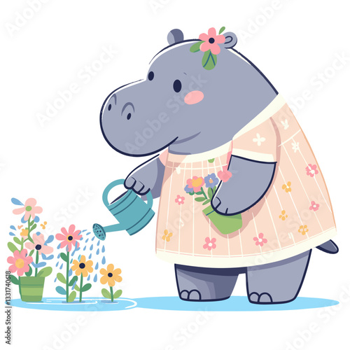 Gentle hippo gardener with watering can tending flowers in floral dress. Vector illustration for garden maintenance, plant care and outdoor hobby concepts.