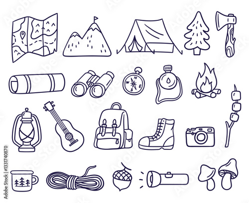 Doodle illustration of camping and outdoor adventure. Includes tent, backpack, campfire, compass, map, binoculars, boots, guitar, and nature elements. Vector illustrations on a white background.