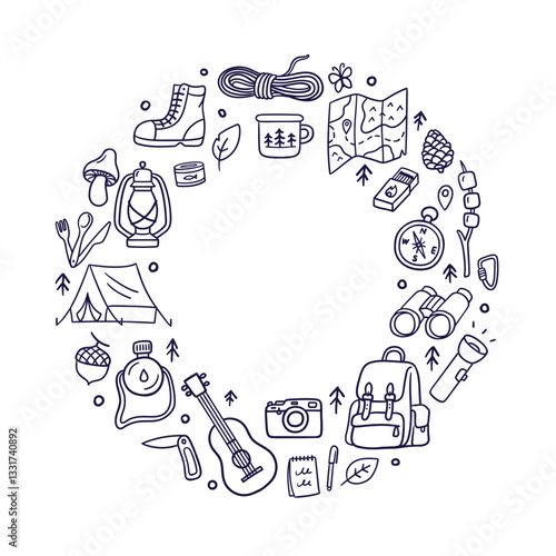 Frame with doodles of camping and outdoor adventure. Includes tent, backpack, campfire, compass, binoculars, boots, guitar, and nature elements. Vector illustration isolated on a white background.