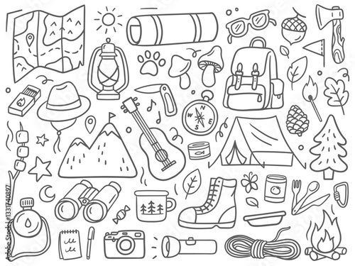 Black and white doodle illustration of camping and outdoor adventure. Travel, tourism, and wilderness-related designs. Vector illustrations on a white background.