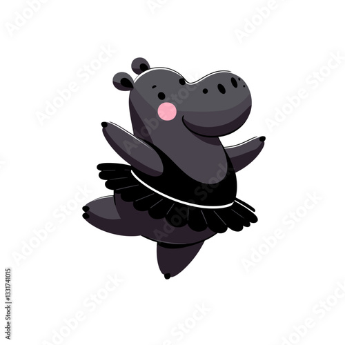 Graceful hippo ballerina in black tutu performing dance pose. Vector illustration for performing arts, ballet training and classical dance character concepts.