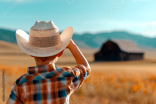 Young texan boy in cowboy hat looking at barn in scenic rural landscape