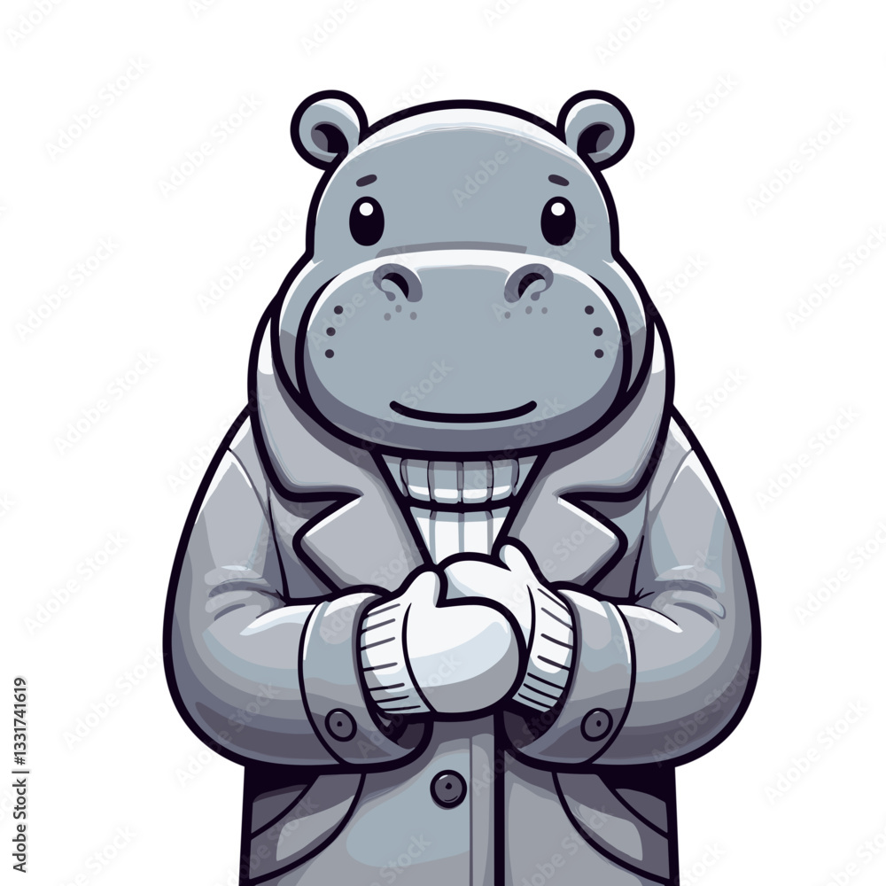 Naklejka premium Formal hippo gentleman in gray coat with buttoned collar. Vector illustration for winter fashion, elegant menswear and sophisticated attire concepts.
