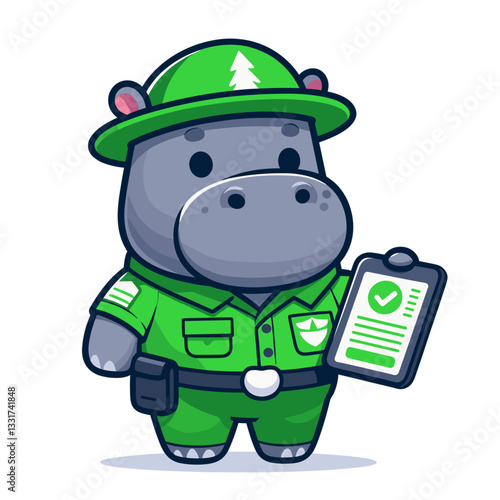 Authoritative hippo park ranger in green uniform with clipboard. Vector illustration for environmental protection, nature conservation and wildlife management concepts.