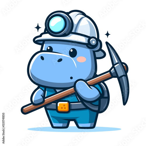 Industrious hippo miner with pickaxe and headlamp in blue overalls. Vector illustration for mineral exploration, underground work and resource extraction concepts.