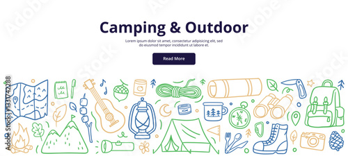 Colorful doodle illustrations of camping and outdoor adventure. Travel, tourism, and wilderness-related designs. Vector illustration for landing page, banner, or ad.