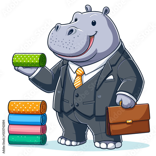Professional hippo librarian with colorful books and briefcase in formal suit. Vector illustration for educational resources, knowledge management and literary professions.