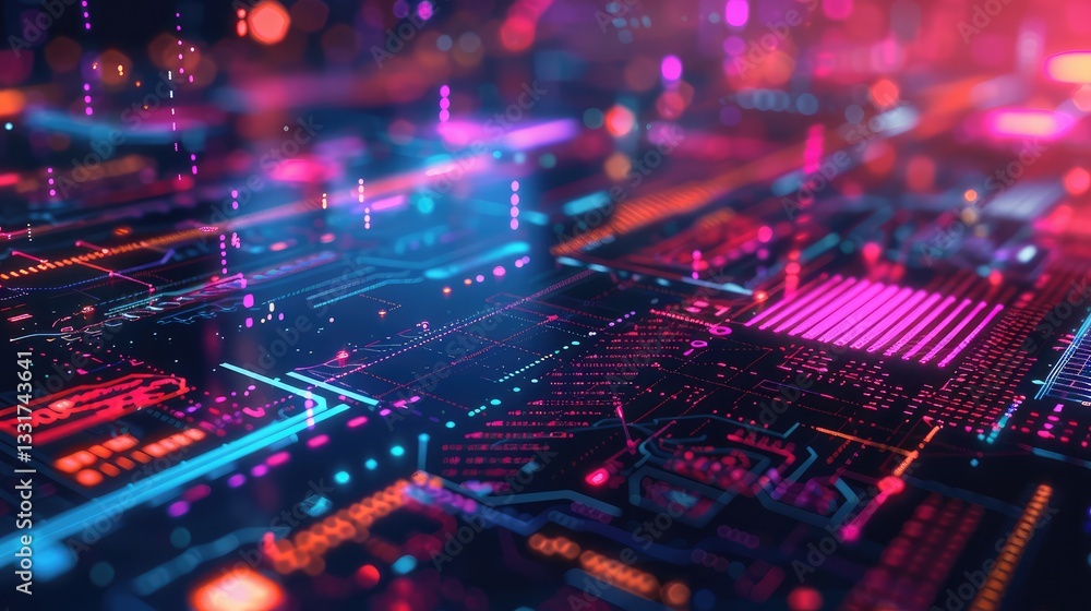 Futuristic Digital Circuit Board with Neon Lights Futuristic Digital Circuit Board with Neon Lights