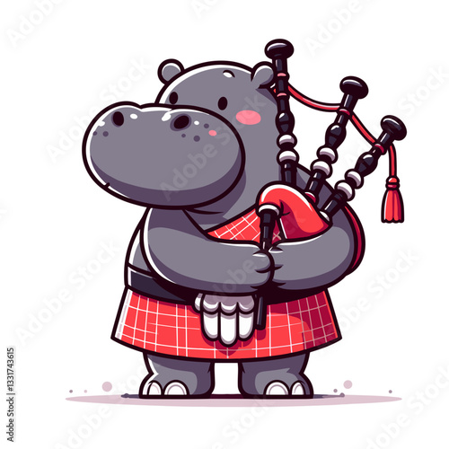 Scottish hippo in traditional kilt playing bagpipes. Vector illustration concept for cultural festival mascot or music tradition character design.